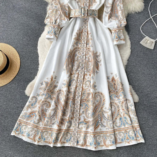 Paisley Maxi Zomerjurk van Rayon met A - Lijn en Lange Mouwen - ZovaFashion - Maxi Jurk