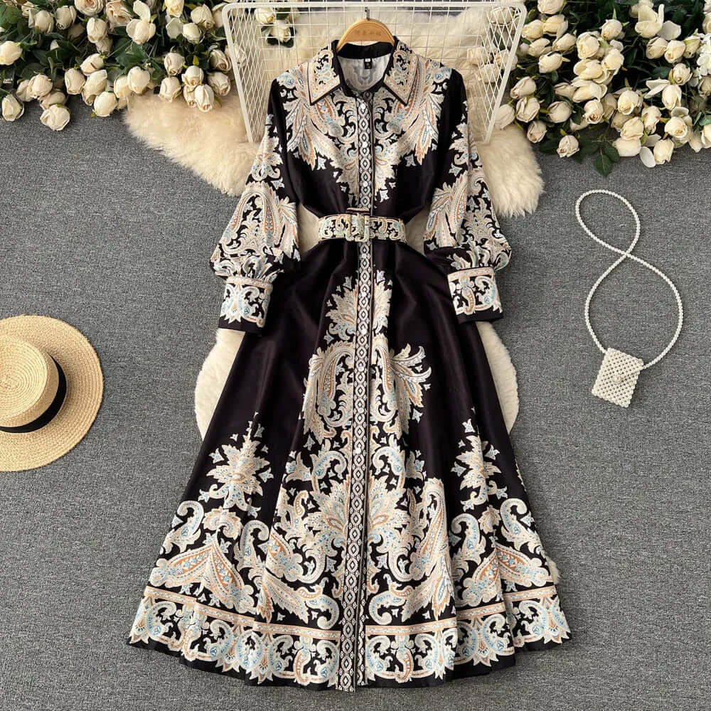 Paisley Maxi Zomerjurk van Rayon met A - Lijn en Lange Mouwen - ZovaFashion - Maxi Jurk