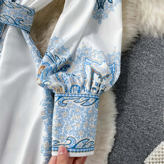 Paisley Maxi Zomerjurk van Rayon met A - Lijn en Lange Mouwen - ZovaFashion - Maxi Jurk