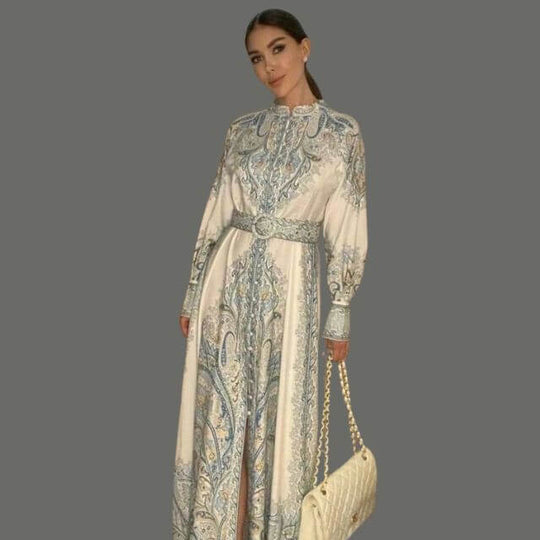 Paisley Maxi Zomerjurk van Rayon met A - Lijn en Lange Mouwen - ZovaFashion - Maxi Jurk