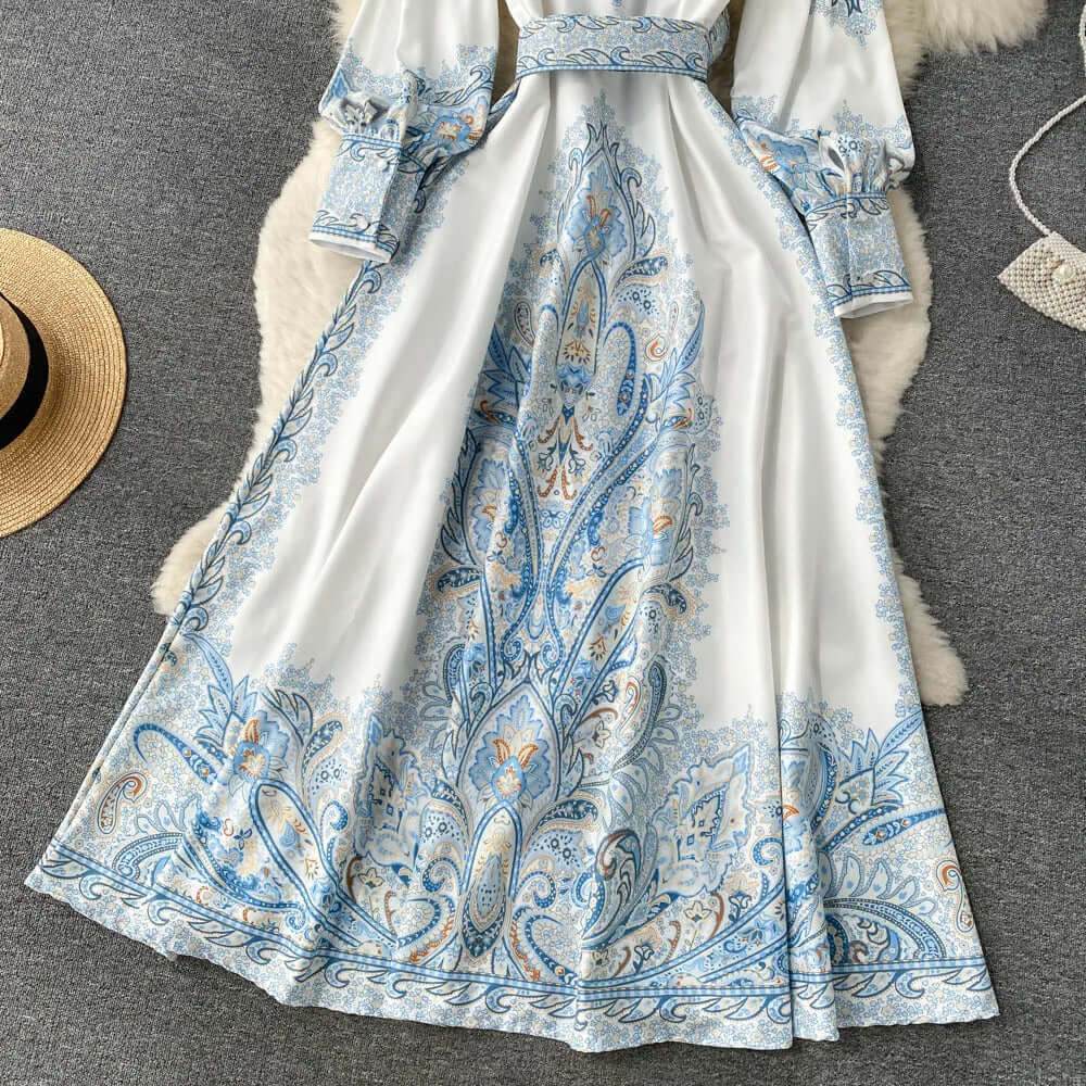 Paisley Maxi Zomerjurk van Rayon met A - Lijn en Lange Mouwen - ZovaFashion - Maxi Jurk