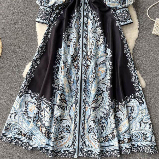 Paisley Maxi Zomerjurk van Rayon met A - Lijn en Lange Mouwen - ZovaFashion - Maxi Jurk