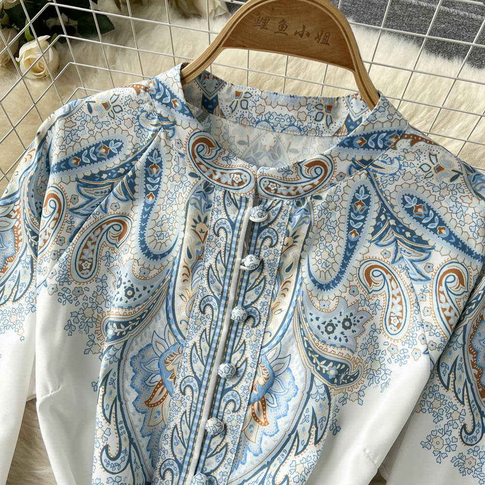 Paisley Maxi Zomerjurk van Rayon met A - Lijn en Lange Mouwen - ZovaFashion - Maxi Jurk