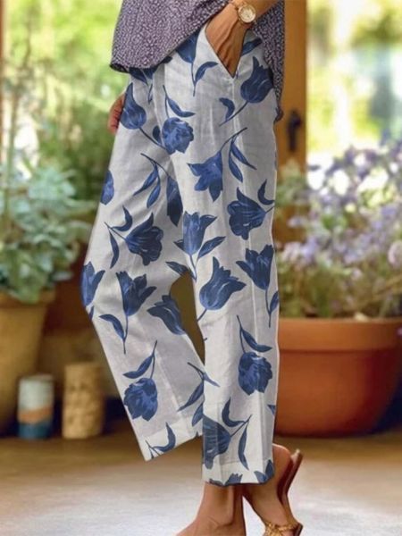 Pantalon Dames van Katoen met Hoge Taille en Cropped Lengte - ZovaFashion - Lange Broek Dames