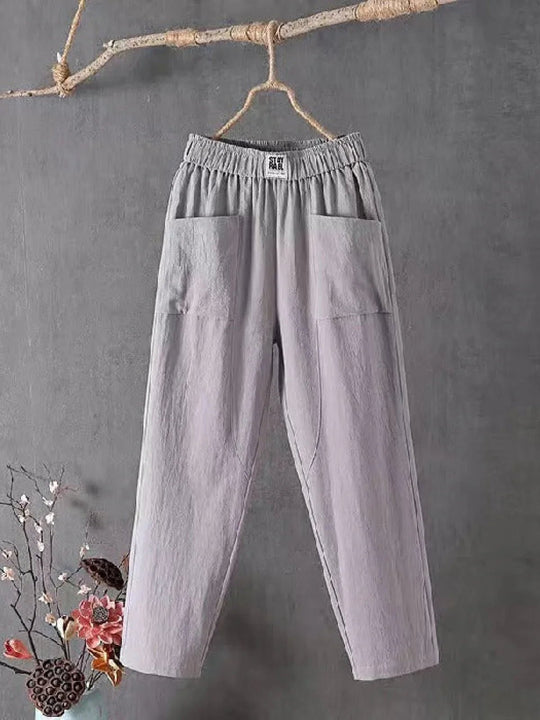 Pantalon Dames van Katoen met Relaxed Fit en Elastische Tailleband - ZovaFashion - Lange Broek Dames