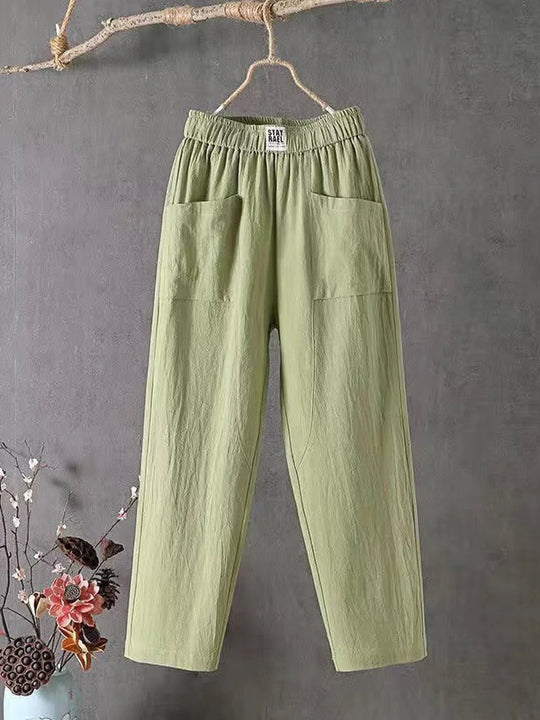Pantalon Dames van Katoen met Relaxed Fit en Elastische Tailleband - ZovaFashion - Lange Broek Dames