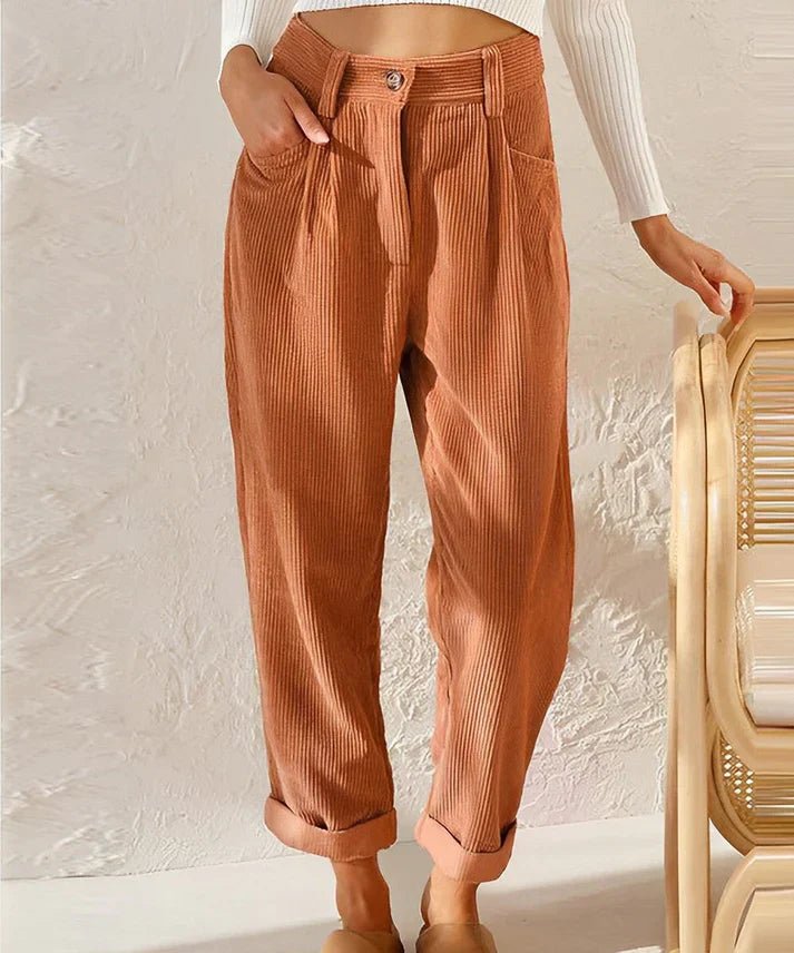 Pantalon Dames van Katoen met Relaxed Fit en Hoge Taille - ZovaFashion - Lange Broek Dames