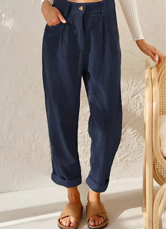 Pantalon Dames van Katoen met Relaxed Fit en Hoge Taille - ZovaFashion - Lange Broek Dames