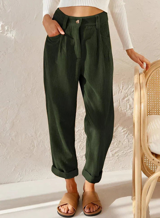 Pantalon Dames van Katoen met Relaxed Fit en Hoge Taille - ZovaFashion - Lange Broek Dames