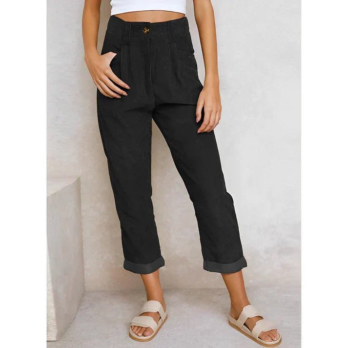 Pantalon Dames van Katoen met Relaxed Fit en Hoge Taille - ZovaFashion - Lange Broek Dames