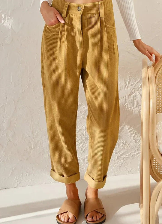 Pantalon Dames van Katoen met Relaxed Fit en Hoge Taille - ZovaFashion - Lange Broek Dames