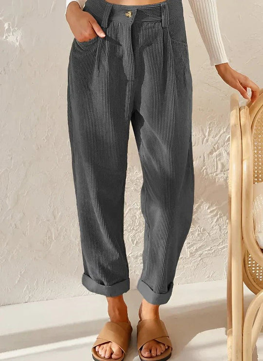 Pantalon Dames van Katoen met Relaxed Fit en Hoge Taille - ZovaFashion - Lange Broek Dames