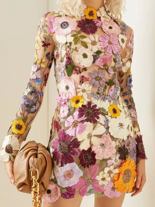 Midi Zomerjurk van Recycled Polyester met 3D Bloemenappliqué