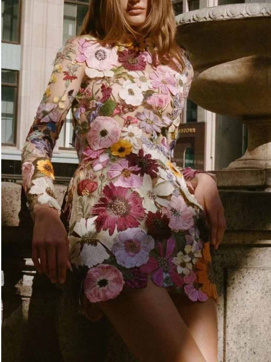 Midi Zomerjurk van Recycled Polyester met 3D Bloemenappliqué