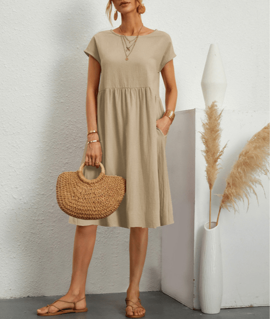 Polyester Midi Zomerjurk Dames met V - Hals en Losse Zoom Design - Zova - Fashion