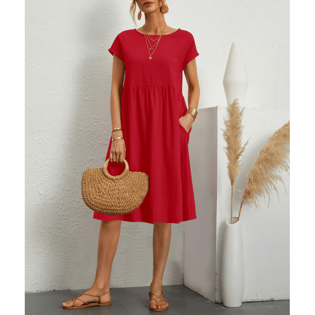 Polyester Midi Zomerjurk Dames met V - Hals en Losse Zoom Design - Zova - Fashion