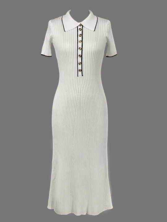 Ribgebreide Maxi Zomerjurk met Kraag en Knoopdetail - ZovaFashion - Maxi Jurk