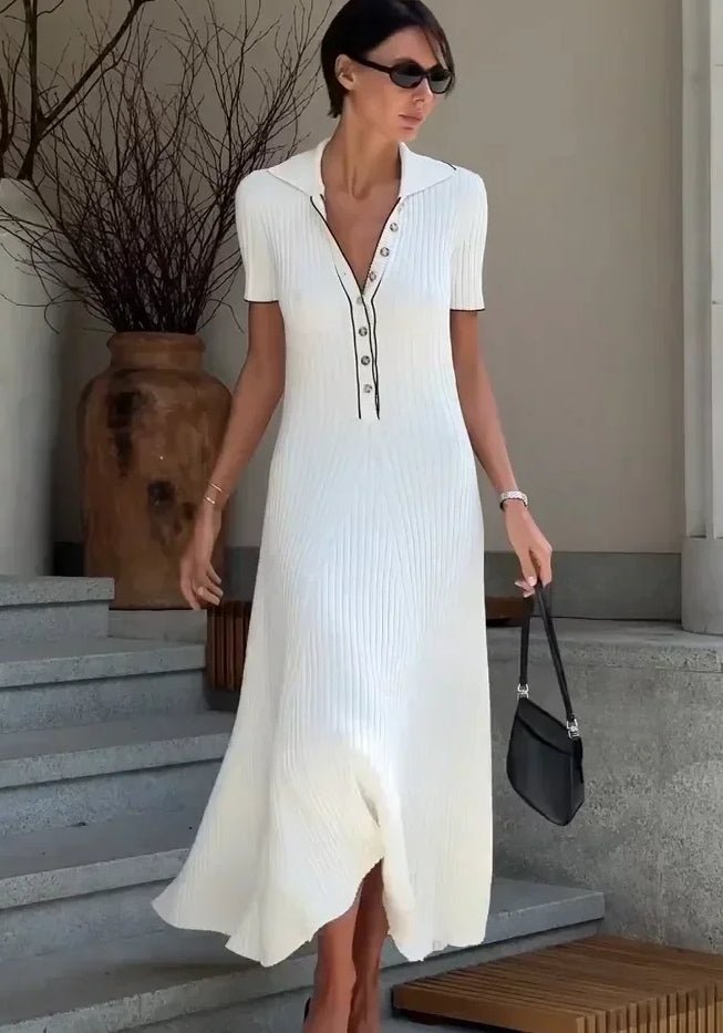 Ribgebreide Maxi Zomerjurk met Kraag en Knoopdetail - ZovaFashion - Maxi Jurk