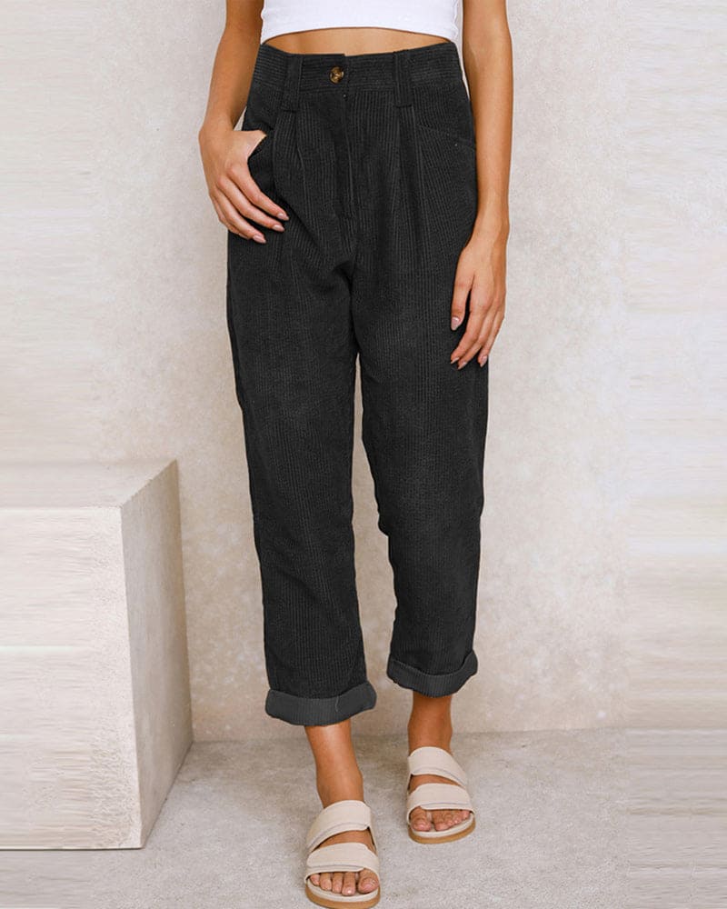 Ribgebreide Pantalon Dames van Katoenmix met Hoge Taille en Geplooide Voorkant - ZovaFashion - Lange Broek Dames