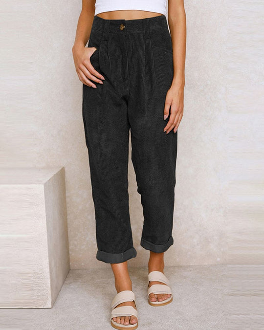 Ribgebreide Pantalon Dames van Katoenmix met Hoge Taille en Geplooide Voorkant - ZovaFashion - Lange Broek Dames
