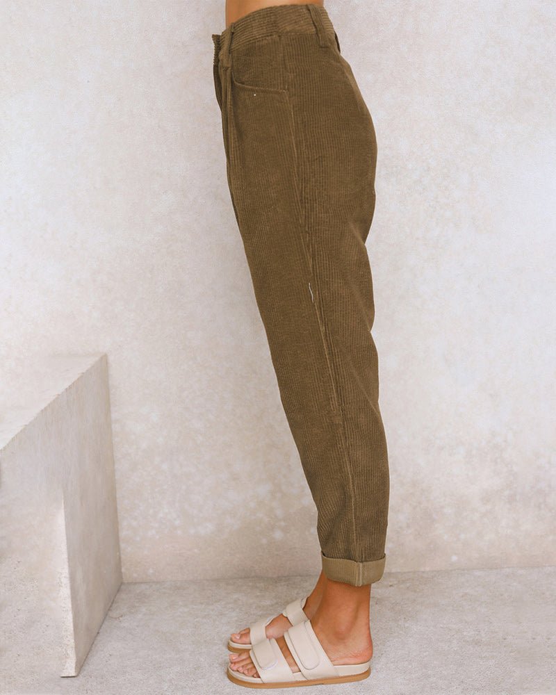 Ribgebreide Pantalon Dames van Katoenmix met Hoge Taille en Geplooide Voorkant - ZovaFashion - Lange Broek Dames