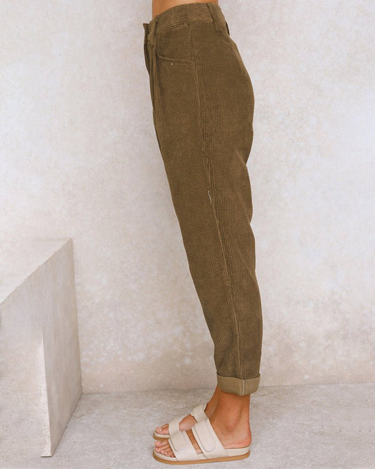 Ribgebreide Pantalon Dames van Katoenmix met Hoge Taille en Geplooide Voorkant - ZovaFashion - Lange Broek Dames