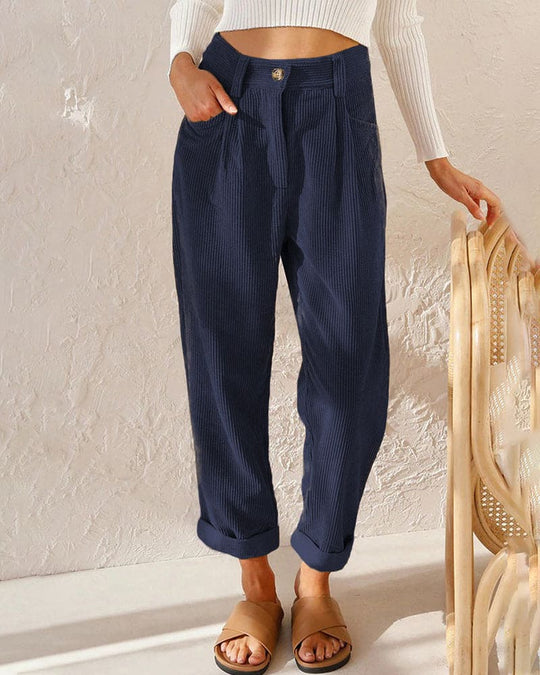 Ribgebreide Pantalon Dames van Katoenmix met Hoge Taille en Geplooide Voorkant - ZovaFashion - Lange Broek Dames