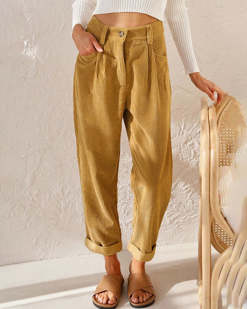 Ribgebreide Pantalon Dames van Katoenmix met Hoge Taille en Geplooide Voorkant - ZovaFashion - Lange Broek Dames