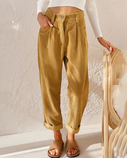 Ribgebreide Pantalon Dames van Katoenmix met Hoge Taille en Geplooide Voorkant - ZovaFashion - Lange Broek Dames