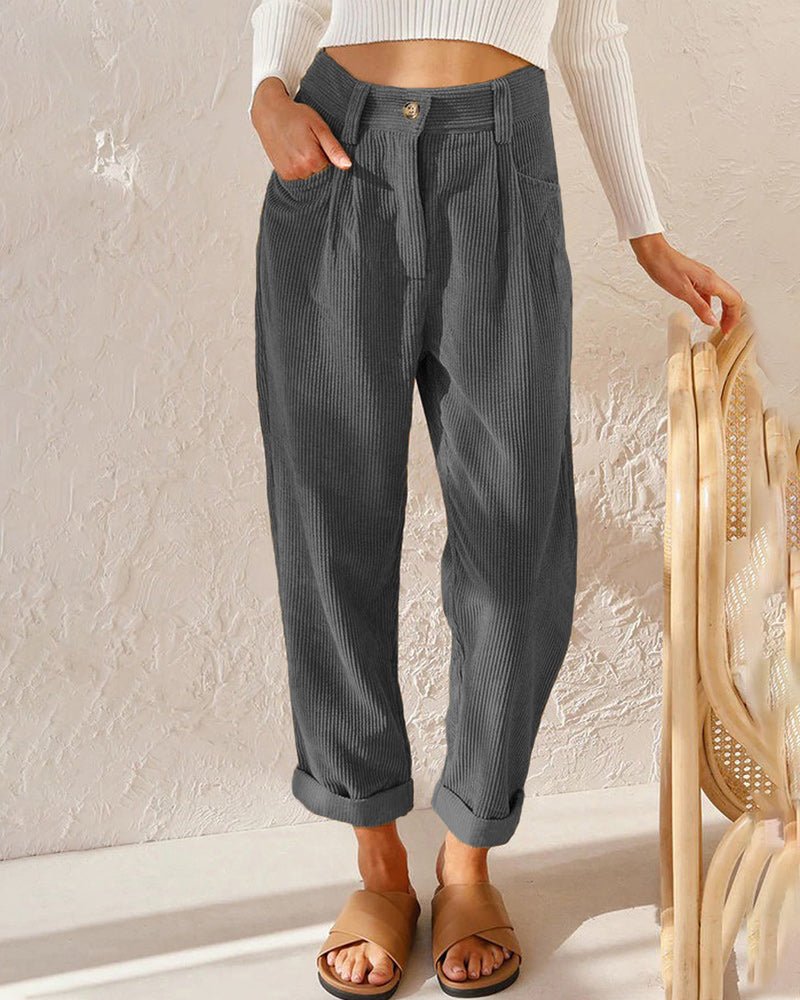 Ribgebreide Pantalon Dames van Katoenmix met Hoge Taille en Geplooide Voorkant - ZovaFashion - Lange Broek Dames
