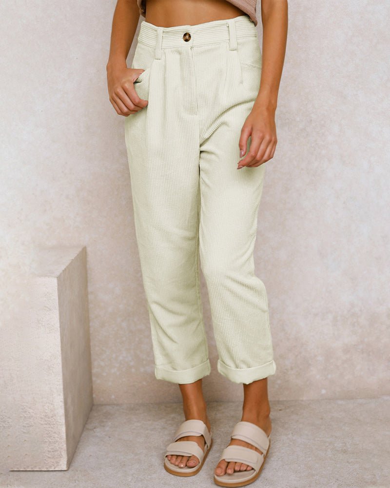 Ribgebreide Pantalon Dames van Katoenmix met Hoge Taille en Geplooide Voorkant - ZovaFashion - Lange Broek Dames
