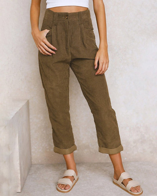 Ribgebreide Pantalon Dames van Katoenmix met Hoge Taille en Geplooide Voorkant - ZovaFashion - Lange Broek Dames