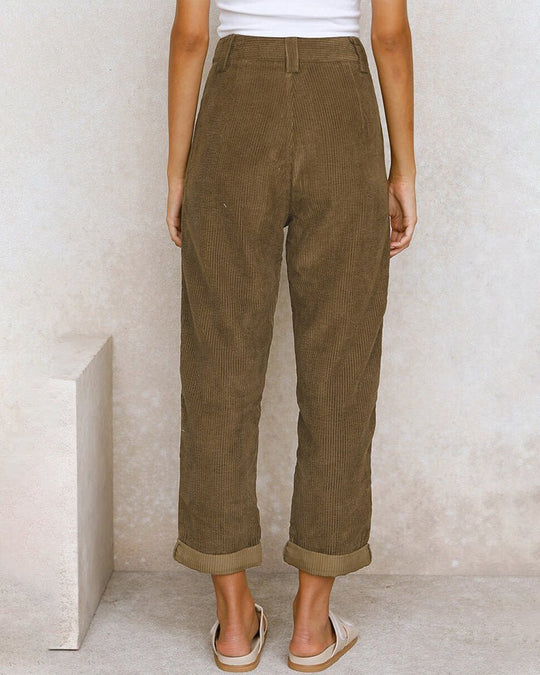 Ribgebreide Pantalon Dames van Katoenmix met Hoge Taille en Geplooide Voorkant - ZovaFashion - Lange Broek Dames