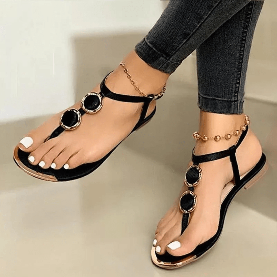 Sandalen Dames van Imitatieleer met Platte Zool en Decoratieve Bandjes - ZovaFashion - Sandalen Dames