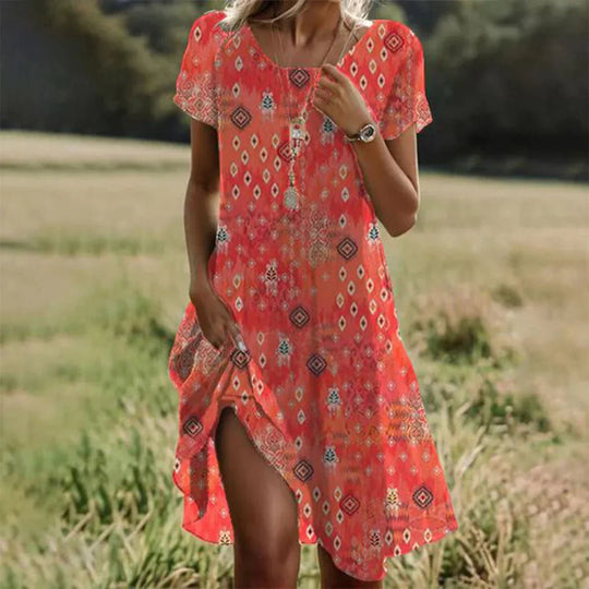 Sophia Midi Zomerjurk Dames van Katoen met Korte Mouwen en Ronde Halslijn - ZovaFashion - Midi Jurken