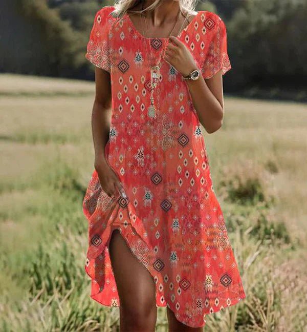 Sophia Midi Zomerjurk Dames van Katoen met Korte Mouwen en Ronde Halslijn - ZovaFashion - Midi Jurken