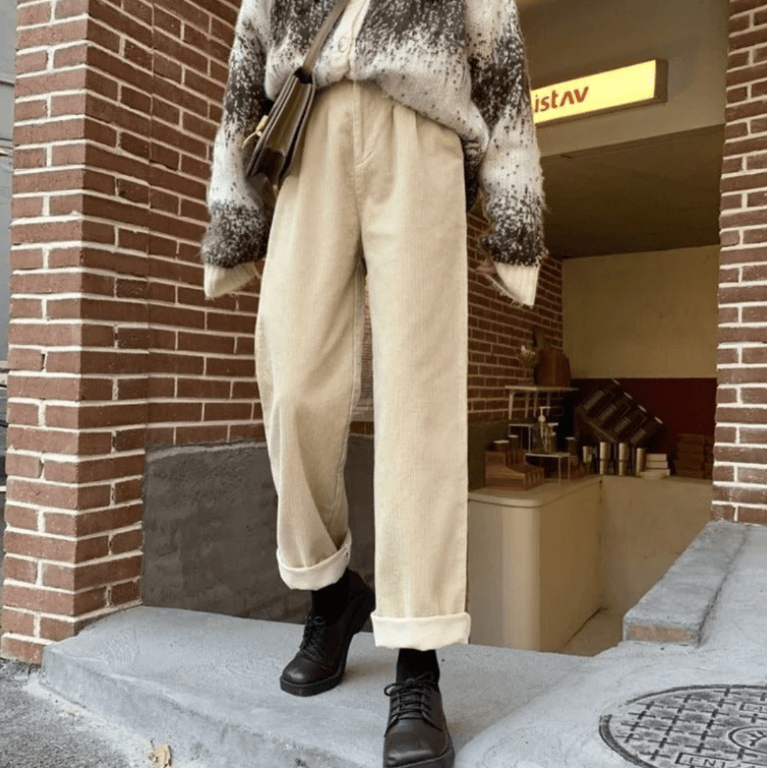 Spijkerbroek Dames van Corduroy met Relaxed Fit en Elastische Tailleband - ZovaFashion - Spijkerbroek Dames