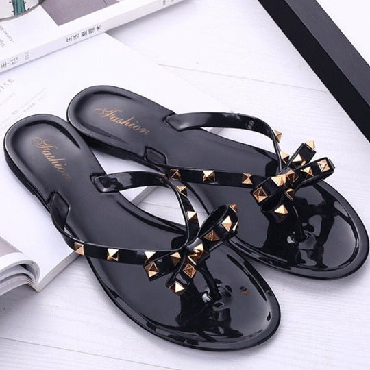 Studded Bowknot Slippers Dames van Leer met Rivets en Relaxed Fit - Zova - Fashion