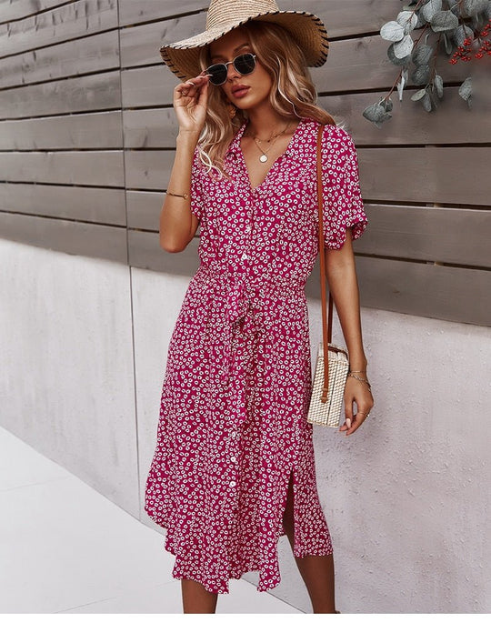 Svea Midi Zomerjurk Dames van Katoen met Knoopsluiting en Geaccentueerde Taille - ZovaFashion - Midi Jurk