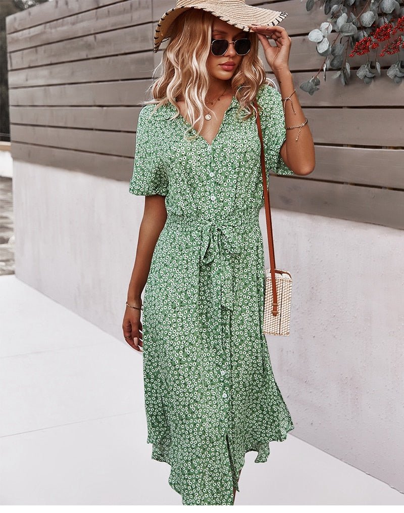 Svea Midi Zomerjurk Dames van Katoen met Knoopsluiting en Geaccentueerde Taille - ZovaFashion - Midi Jurk