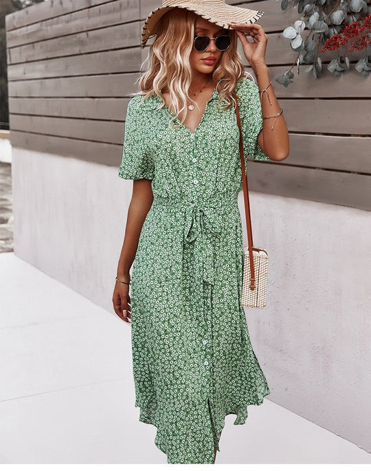 Svea Midi Zomerjurk Dames van Katoen met Knoopsluiting en Geaccentueerde Taille - ZovaFashion - Midi Jurk