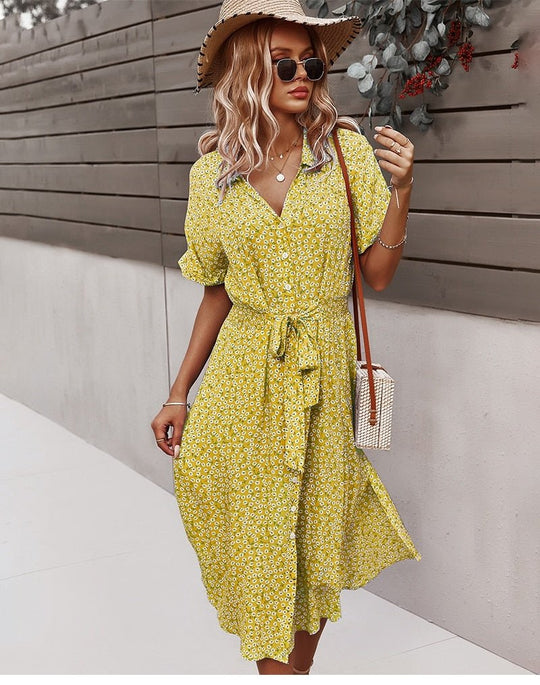 Svea Midi Zomerjurk Dames van Katoen met Knoopsluiting en Geaccentueerde Taille - ZovaFashion - Midi Jurk