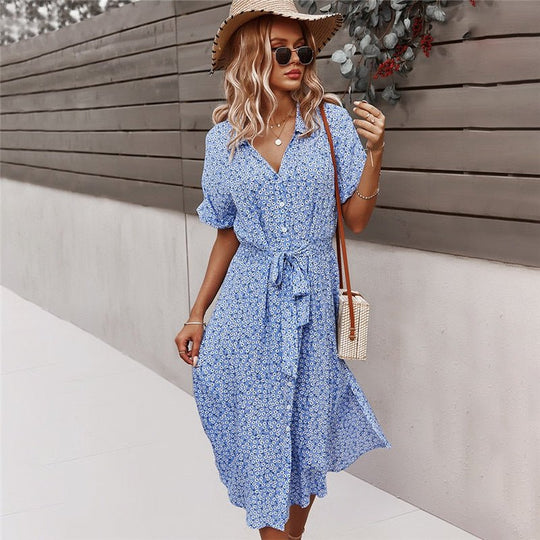 Svea Midi Zomerjurk Dames van Katoen met Knoopsluiting en Geaccentueerde Taille - ZovaFashion - Midi Jurk