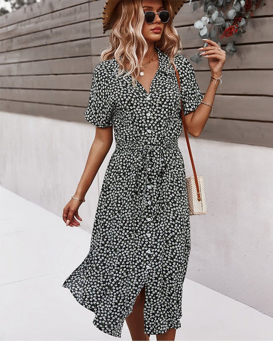 Svea Midi Zomerjurk Dames van Katoen met Knoopsluiting en Geaccentueerde Taille - ZovaFashion - Midi Jurk