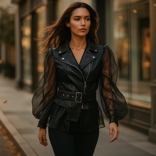 Dames Kunstlederen Jas met Gerimpelde Mouwen