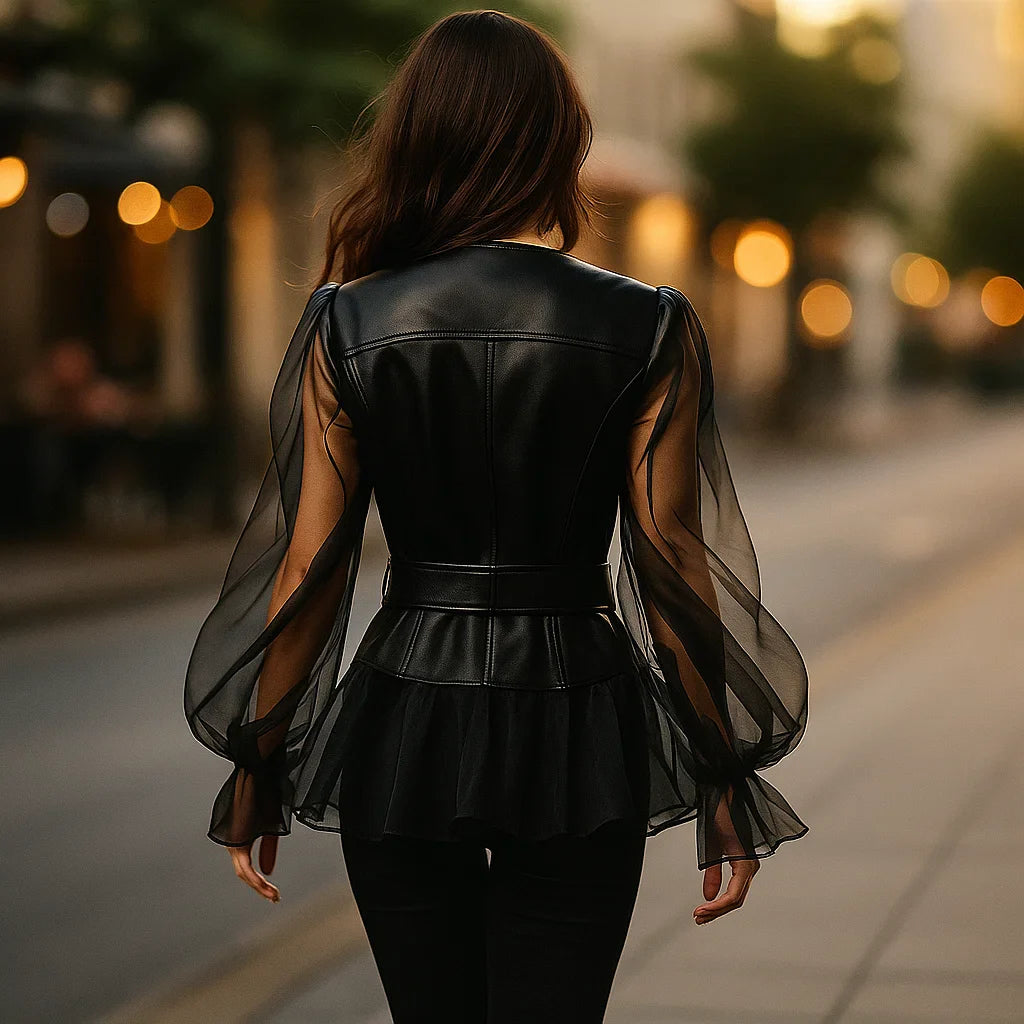 Dames Kunstlederen Jas met Gerimpelde Mouwen