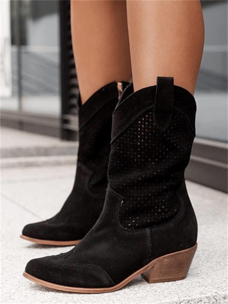 Witte Leren Laarzen Dames met Perforatiedetails en Blokhak – Stoer en Stijlvol in Western Stijl - ZovaFashion - Schoenen Dames