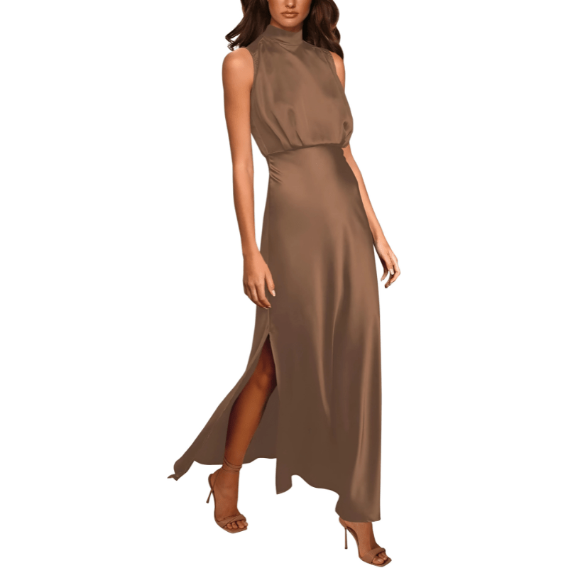 Zijden Midi Zomerjurk Dames met Halternek en Zijsplit - Elegant en Tijdloos Design - ZovaFashion - Midi Jurk