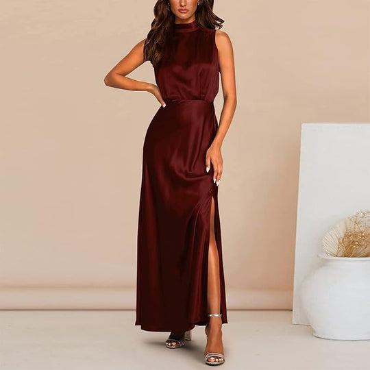 Zijden Midi Zomerjurk Dames met Halternek en Zijsplit - Elegant en Tijdloos Design - ZovaFashion - Midi Jurk