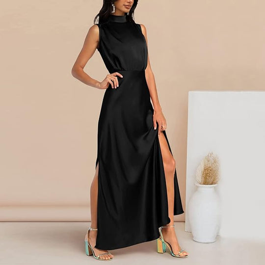 Zijden Midi Zomerjurk Dames met Halternek en Zijsplit - Elegant en Tijdloos Design - ZovaFashion - Midi Jurk